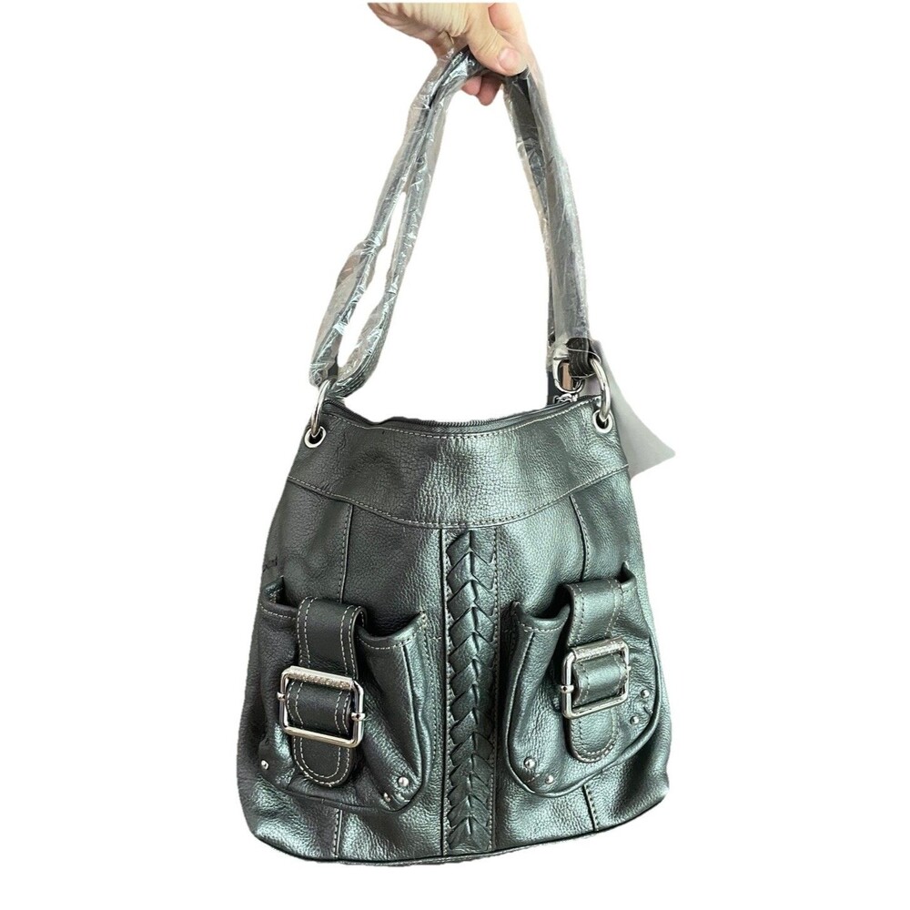 NWT Tignanello Gray Pebbled Leather Hobo Shoulder Bag Braided Buckle Pocket Y2K